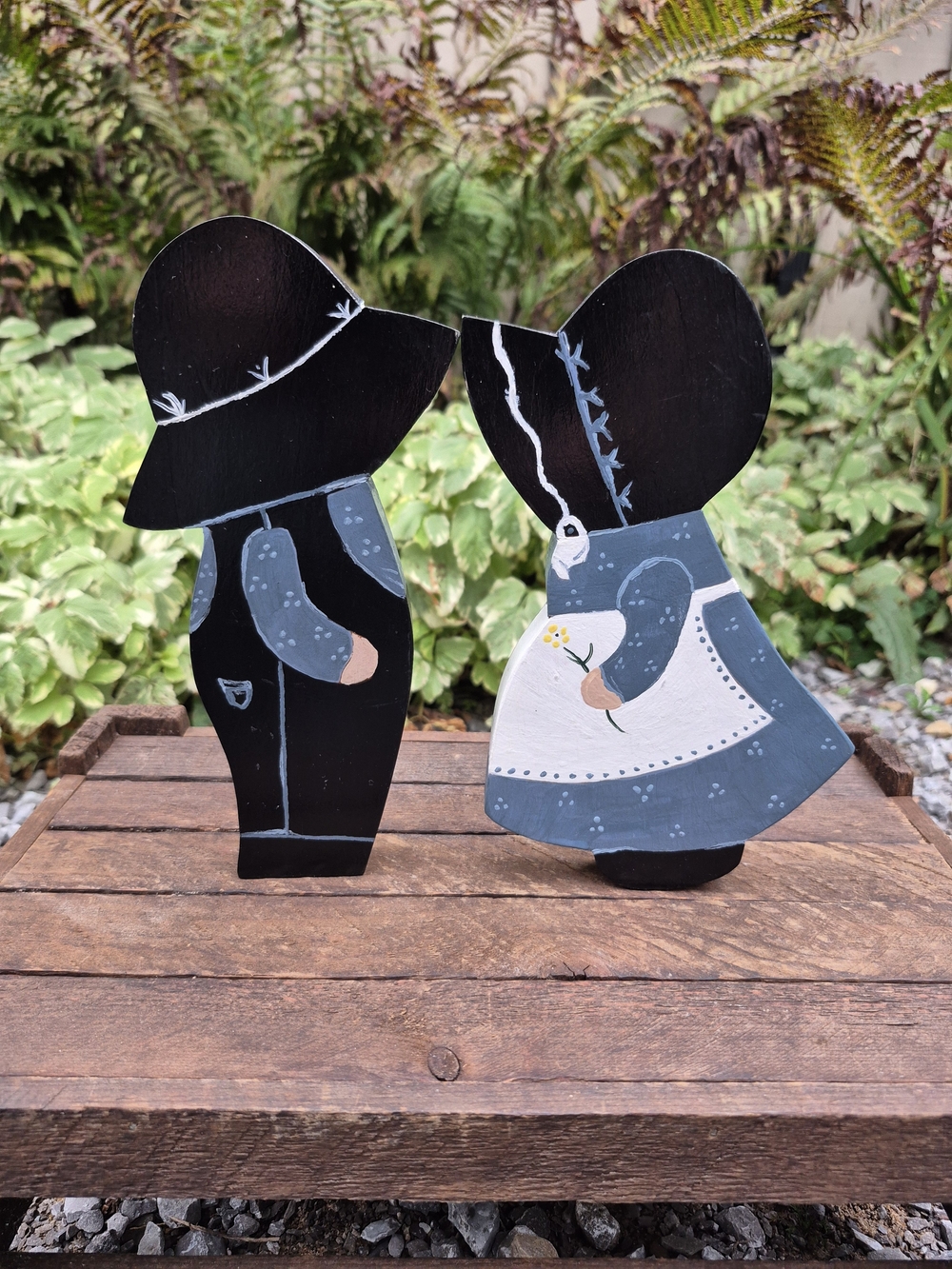 Vintage 2001 Signed Amish Wooden Figurines Set Of 2 Boy And Girl Folk Art